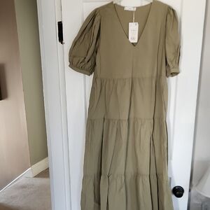 Elegant Olive Puff Sleeve Maxi Dress